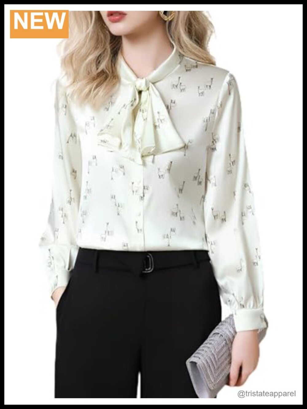 Silk Blouse with Alpaca Print, Self-Tie, Long Sleeve